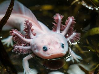 An axolotl in clear freshwater with its feathery external gills fanned out