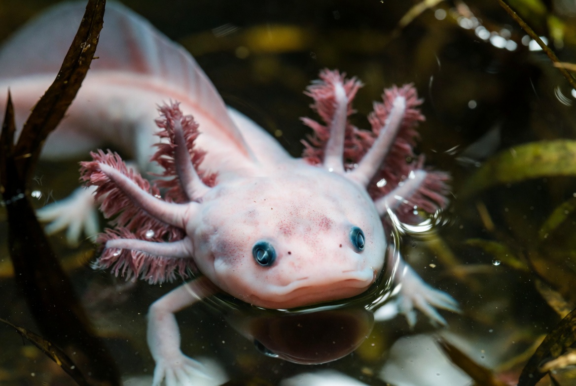 An axolotl in clear freshwater with its feathery external gills fanned out