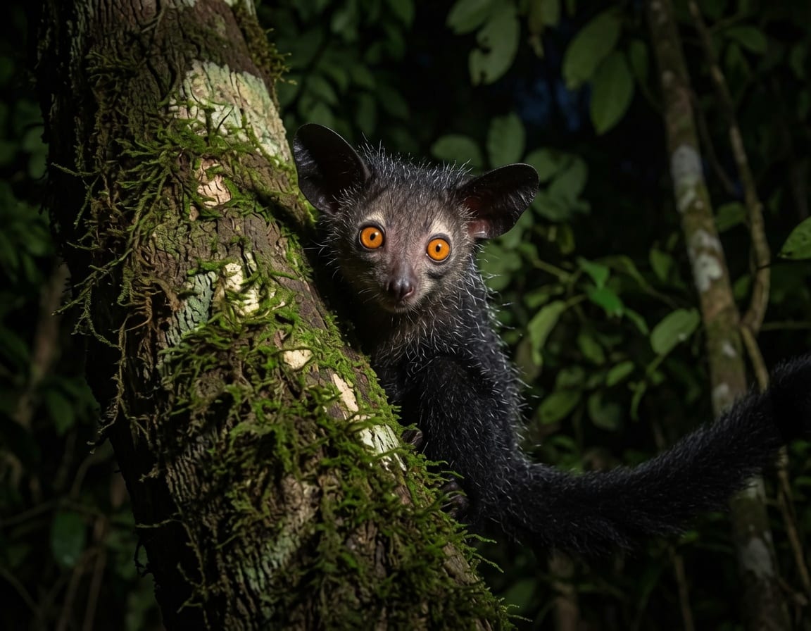 An aye-aye clinging to a branch at night, its huge orange eyes reflecting the light