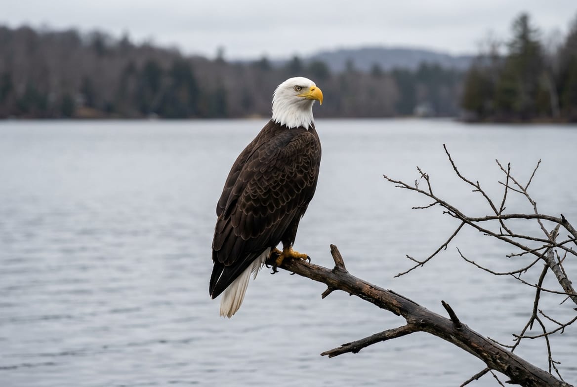 An adult bald eagle perched on a bare branch over grey winter water, white head and tail against a dark brown body