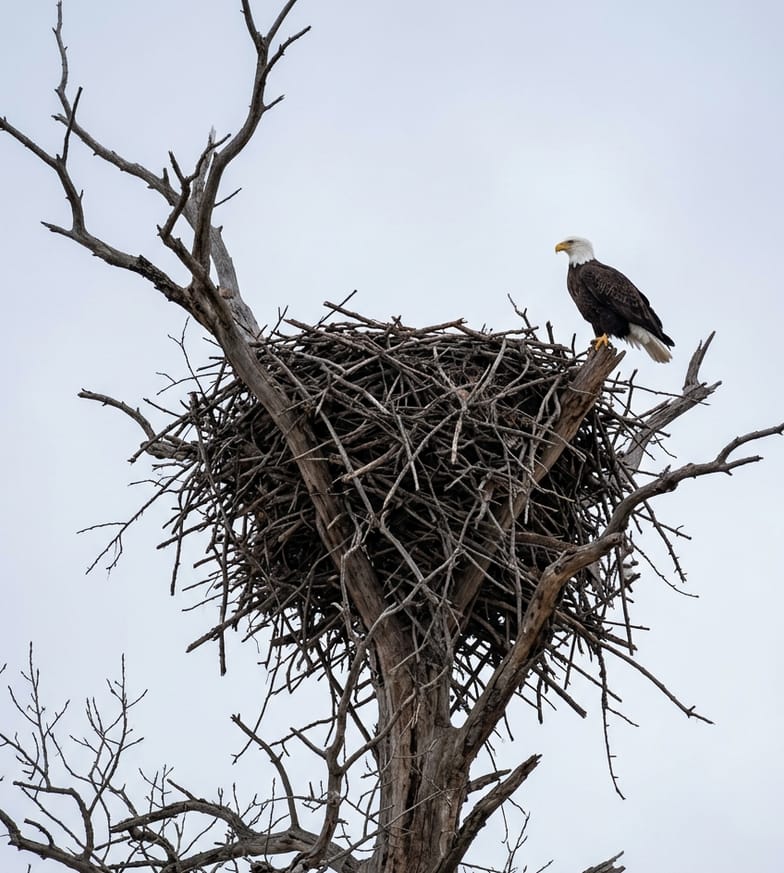 An adult bald eagle standing on the rim of an enormous stick nest in a dead tree, dwarfed by the nest