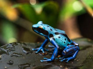 A blue poison dart frog on a wet dark leaf, its cobalt skin marked with black spots