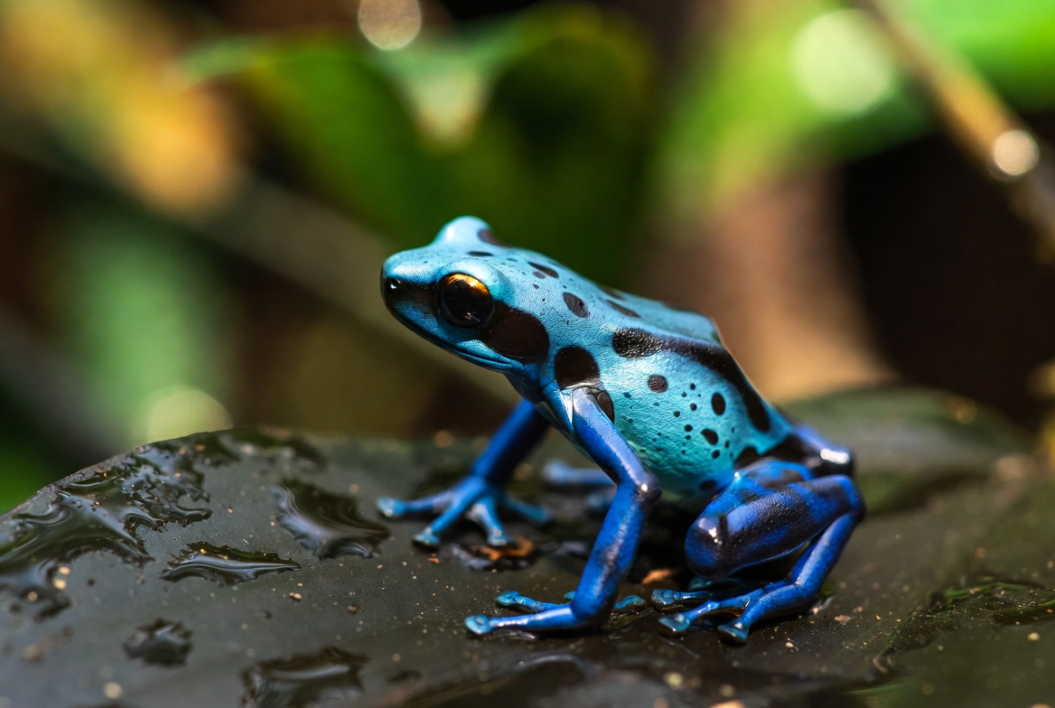 A blue poison dart frog on a wet dark leaf, its cobalt skin marked with black spots