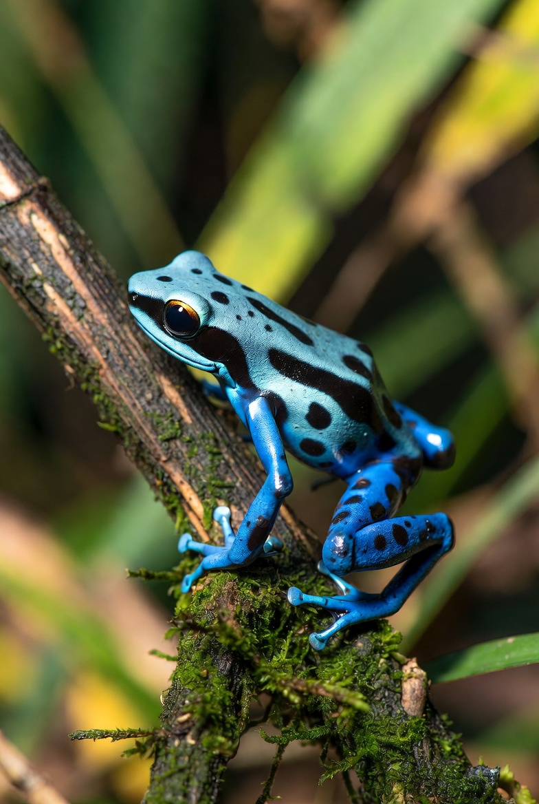 Close view of a blue poison dart frog on a mossy stem, glossy skin and black spots
