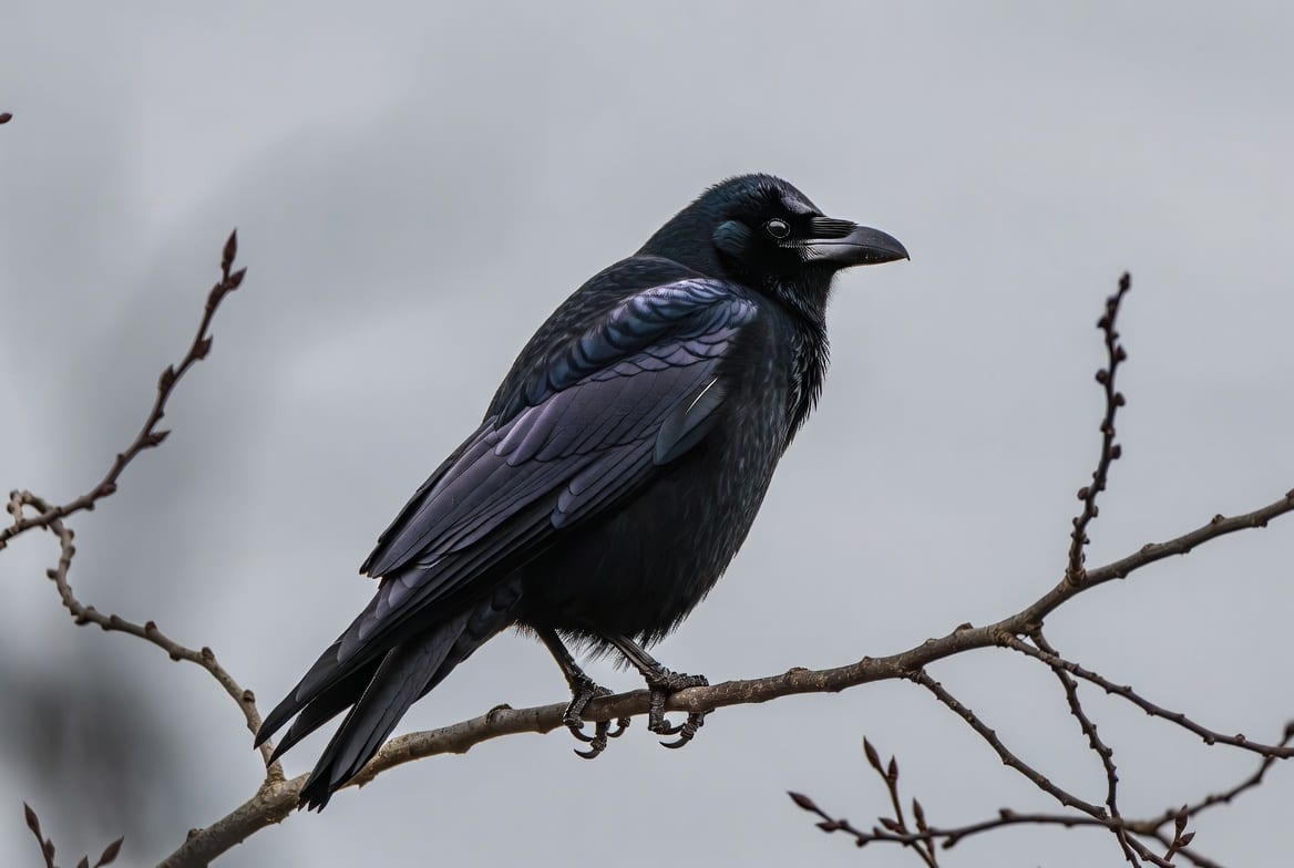 A crow perched on a bare branch against an overcast sky, its glossy black plumage and heavy bill visible