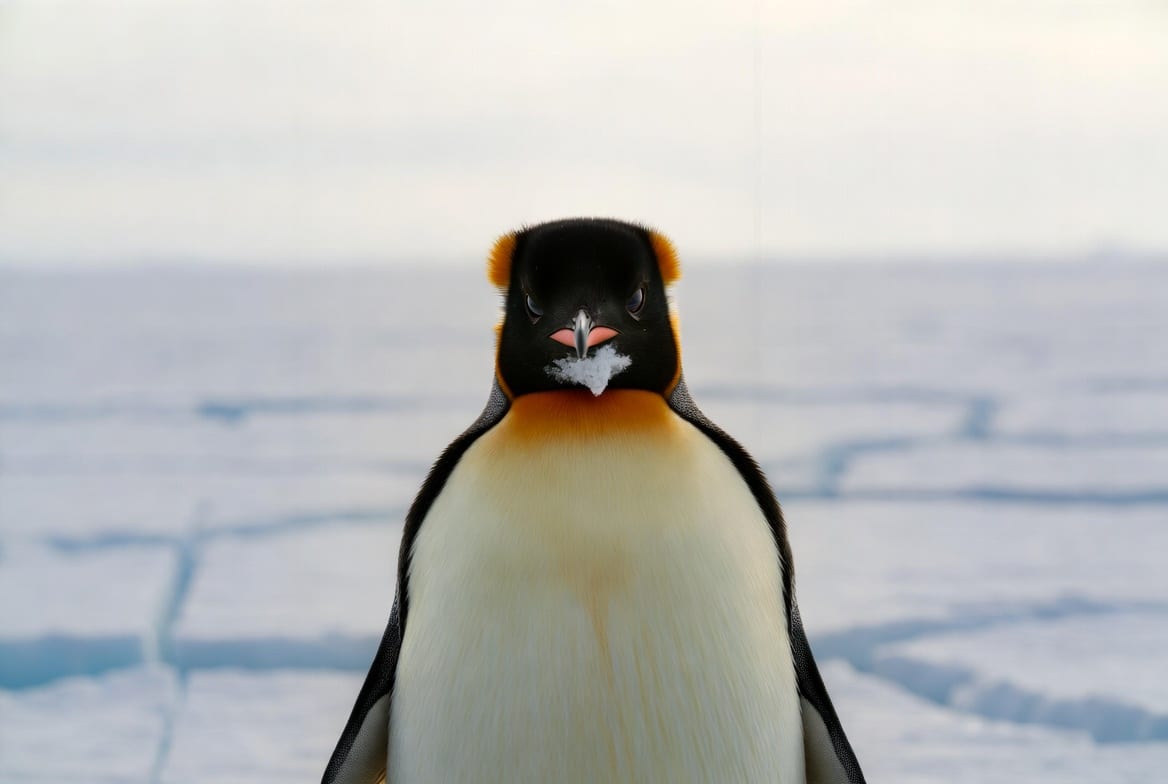 An emperor penguin standing on Antarctic sea ice in low light, its orange ear patches and pale bill visible