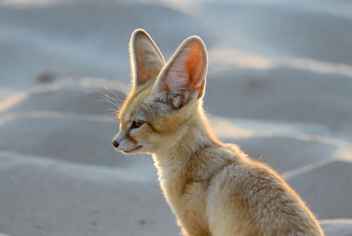 A fennec fox on pale desert sand at golden hour with its enormous ears held upright
