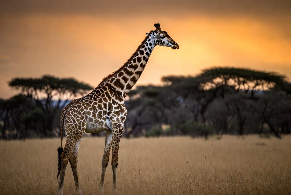An adult giraffe standing in profile on open savanna with its neck raised and acacia trees behind