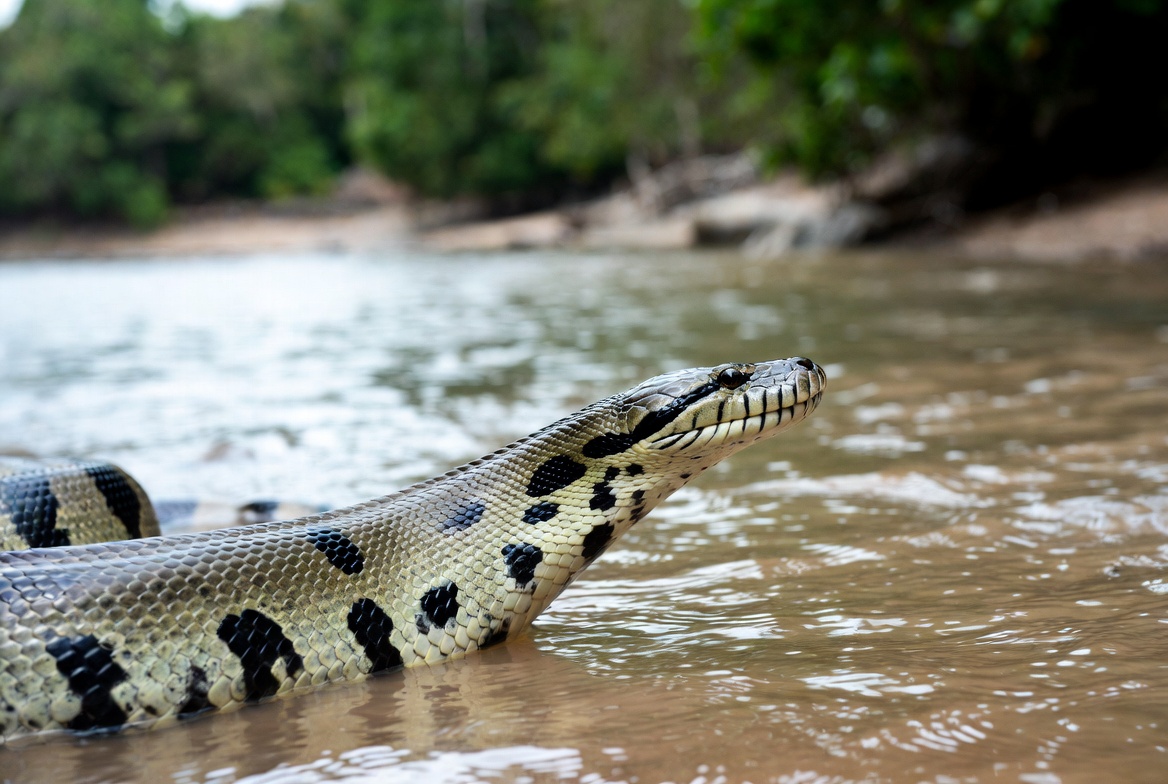 A green anaconda partly submerged at the edge of a tropical river with only its head above water