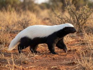 A honey badger walking across dry ground, its black body and broad white back stripe clearly visible