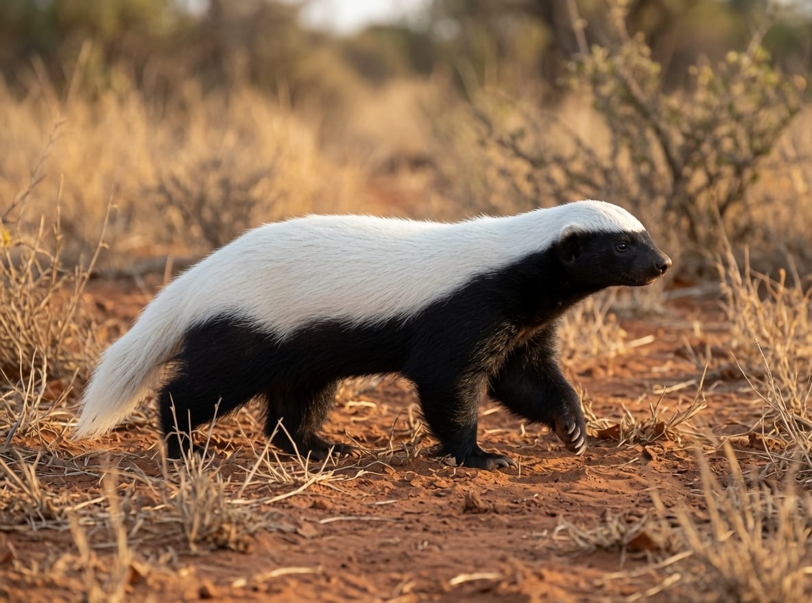 A honey badger walking across dry ground, its black body and broad white back stripe clearly visible