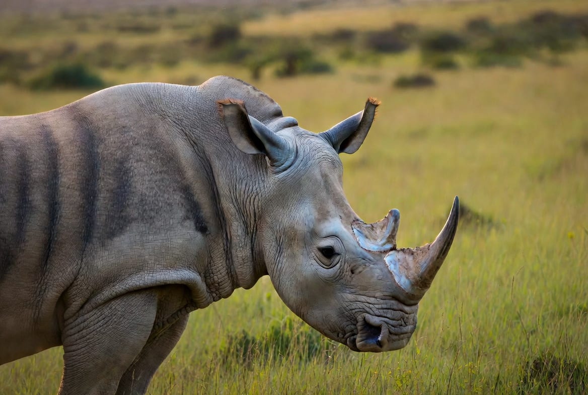 A rhinoceros standing in open grassland in profile, its horn and heavy folded skin clearly visible