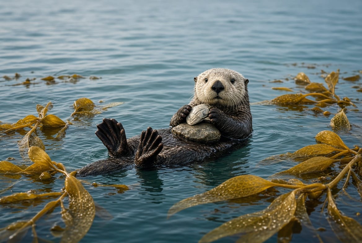 A sea otter floating on its back in a golden kelp forest, cracking a shell against a rock resting on its chest