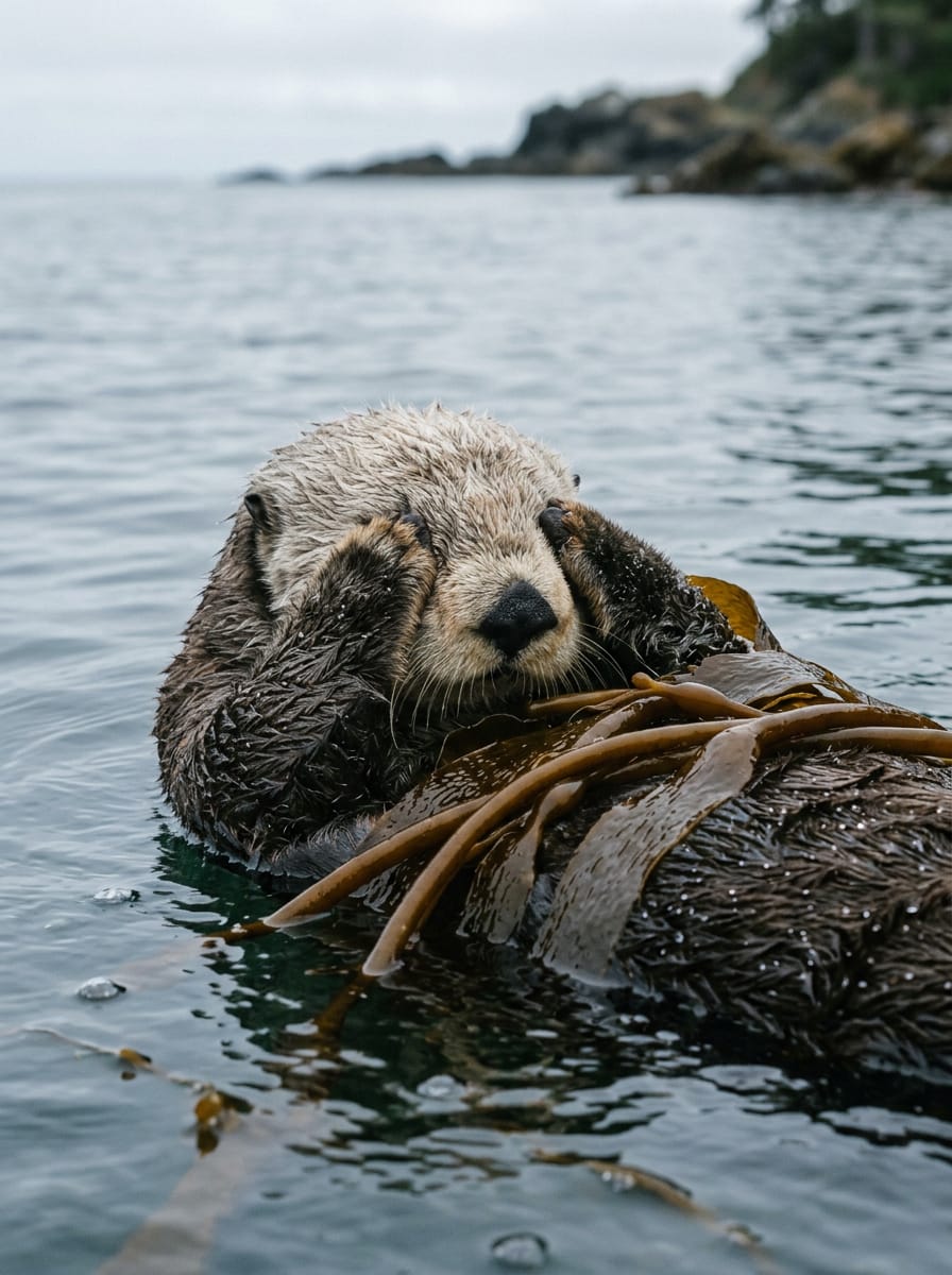 A sea otter asleep on the water surface, wrapped in a strand of kelp with its paws over its face