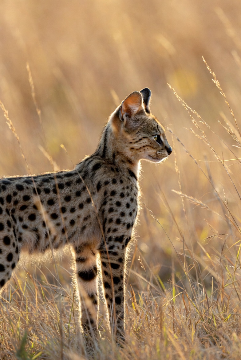 Close portrait of a serval showing its spotted coat and tall rounded ears