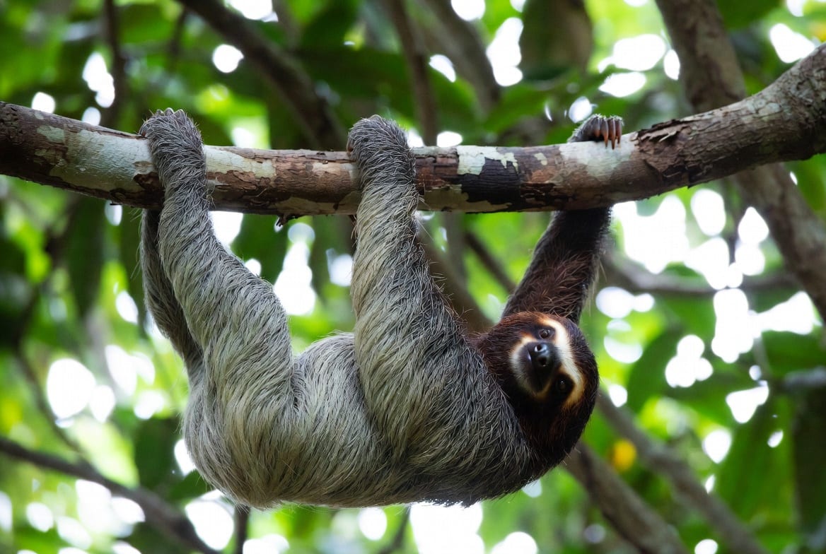 A three-toed sloth hanging beneath a branch in rainforest canopy with its long curved claws hooked over the wood