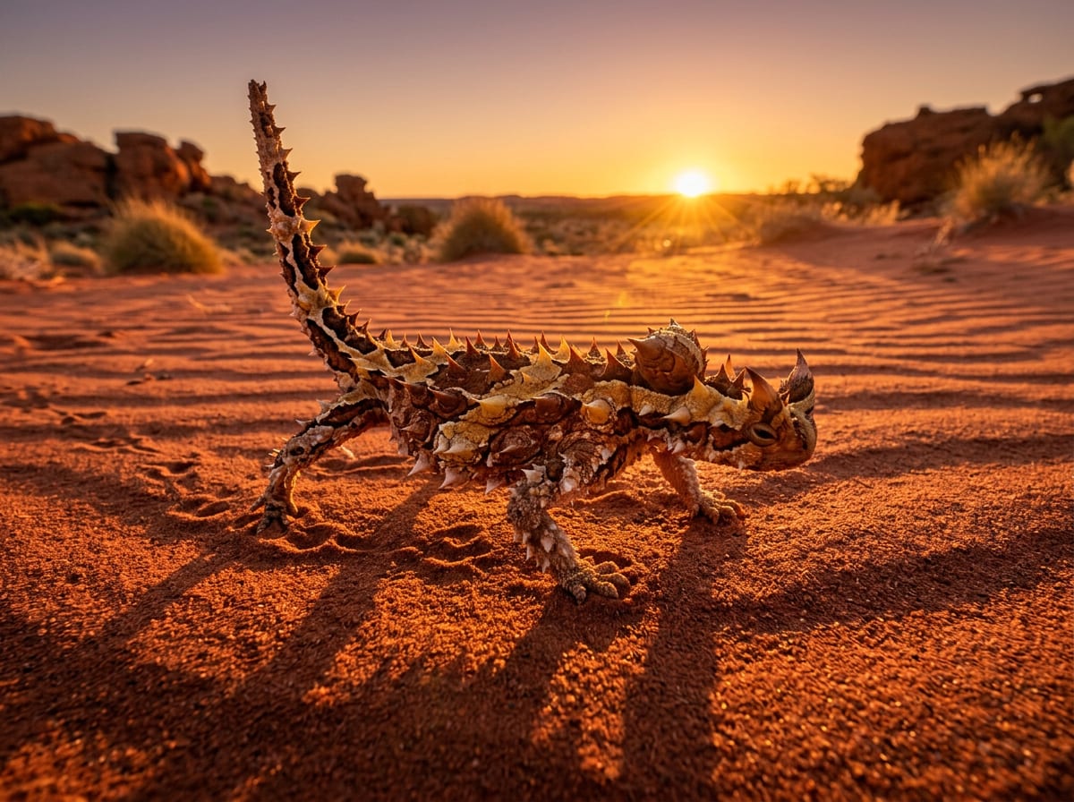 A thorny devil lizard walking across red desert sand, its conical spines catching the low sunlight