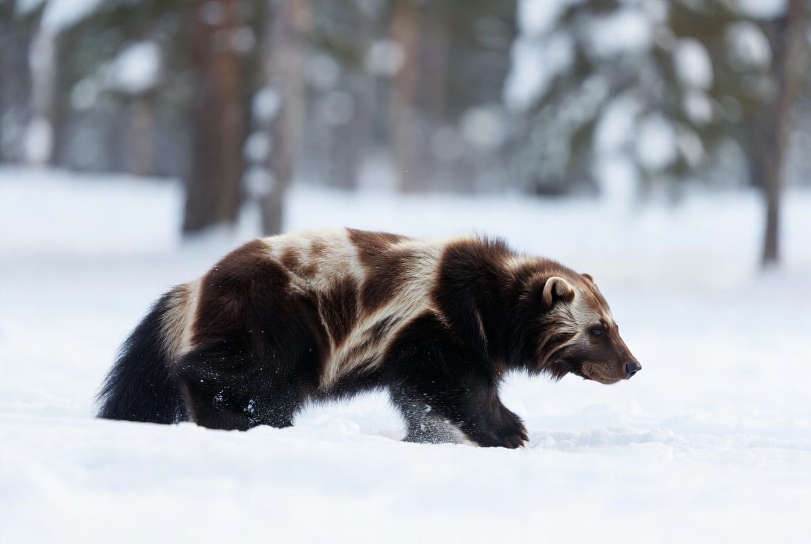 A wolverine moving across deep snow in boreal forest, its dark coat and pale flank stripe visible