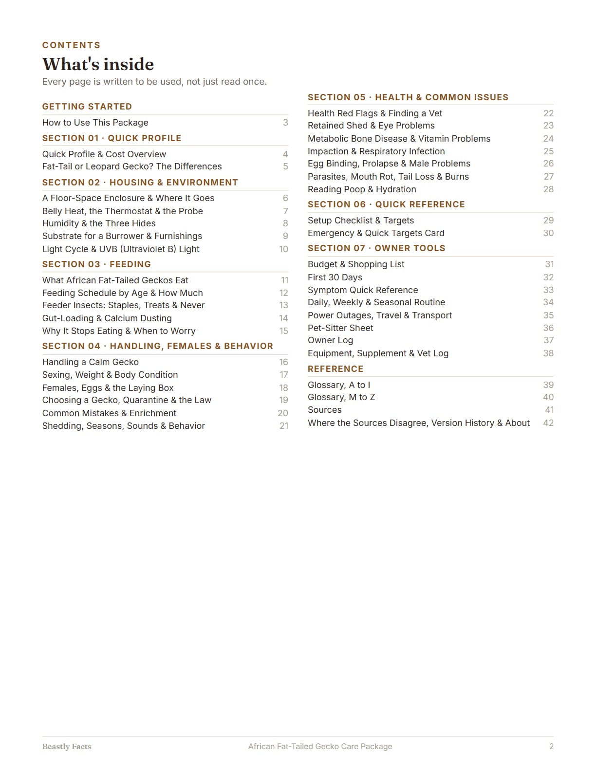 African Fat-Tailed Gecko Care Package, page 2: What's inside: the contents page, every page of the package listed