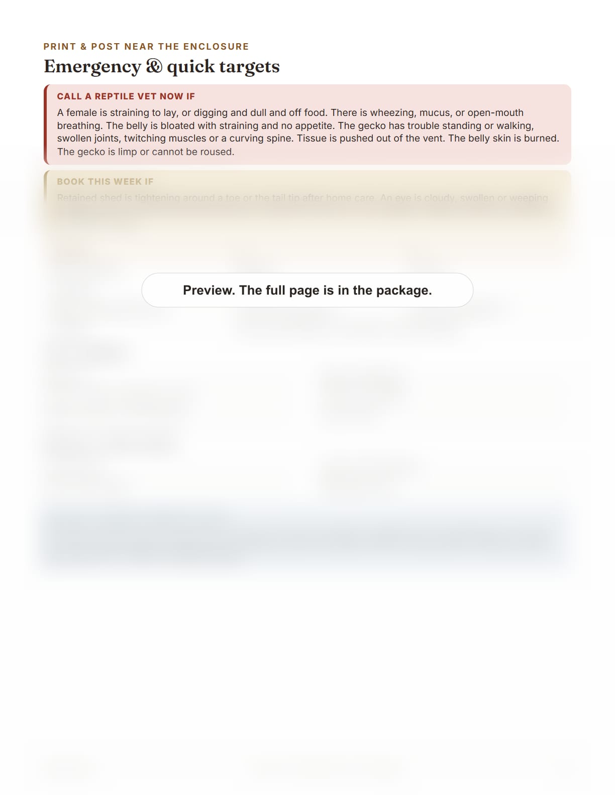 African Fat-Tailed Gecko Care Package, page 30: Emergency and quick targets card, to print and post near the enclosure