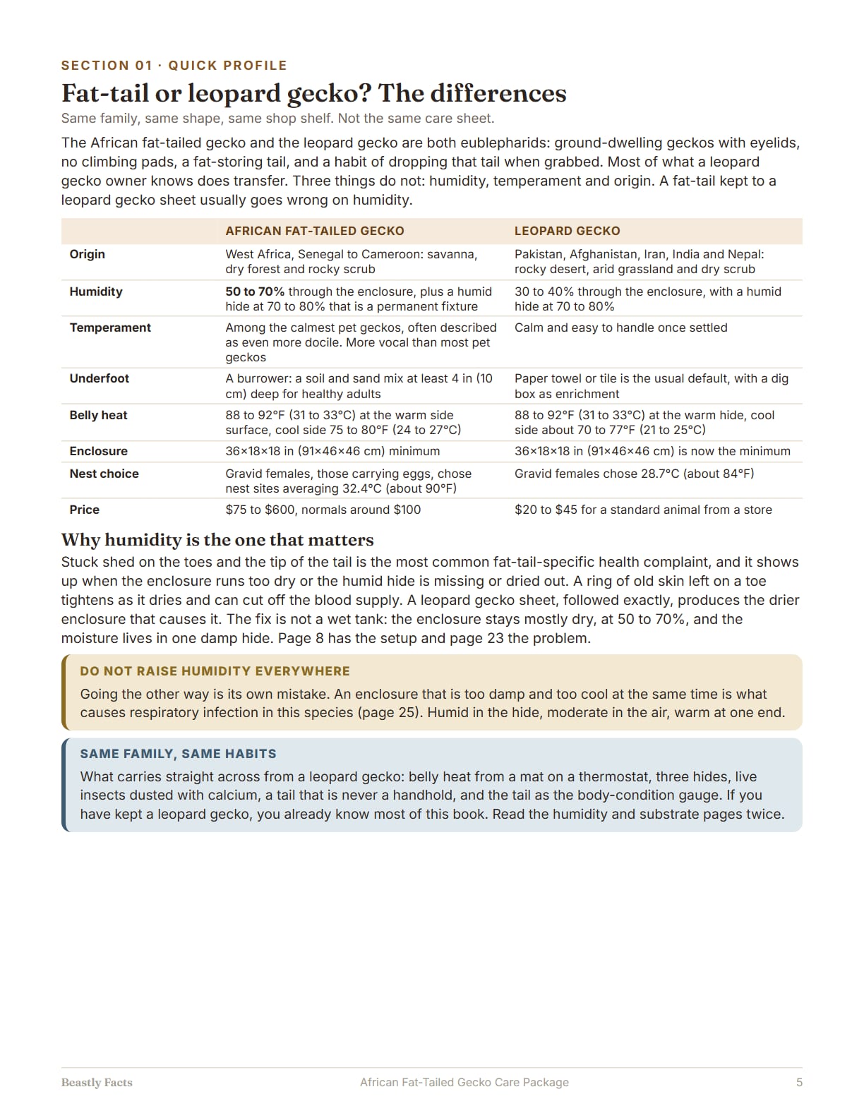 African Fat-Tailed Gecko Care Package, page 5: Fat-tail or leopard gecko: origin, humidity, temperament, substrate, belly heat, enclosure and price side by side