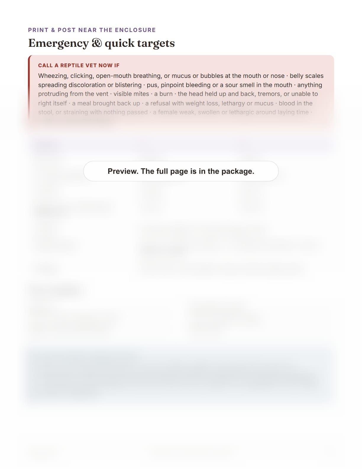 Ball Python Care Package, page 33: Emergency and quick targets card