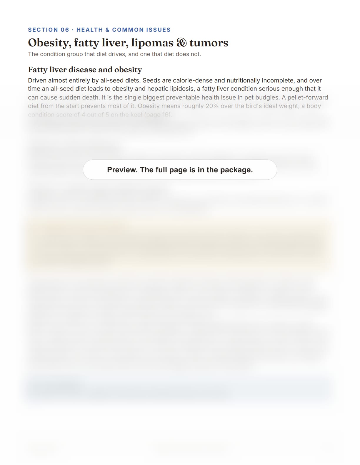 Budgie Care Package, page 30: Obesity, fatty liver, lipomas and tumors