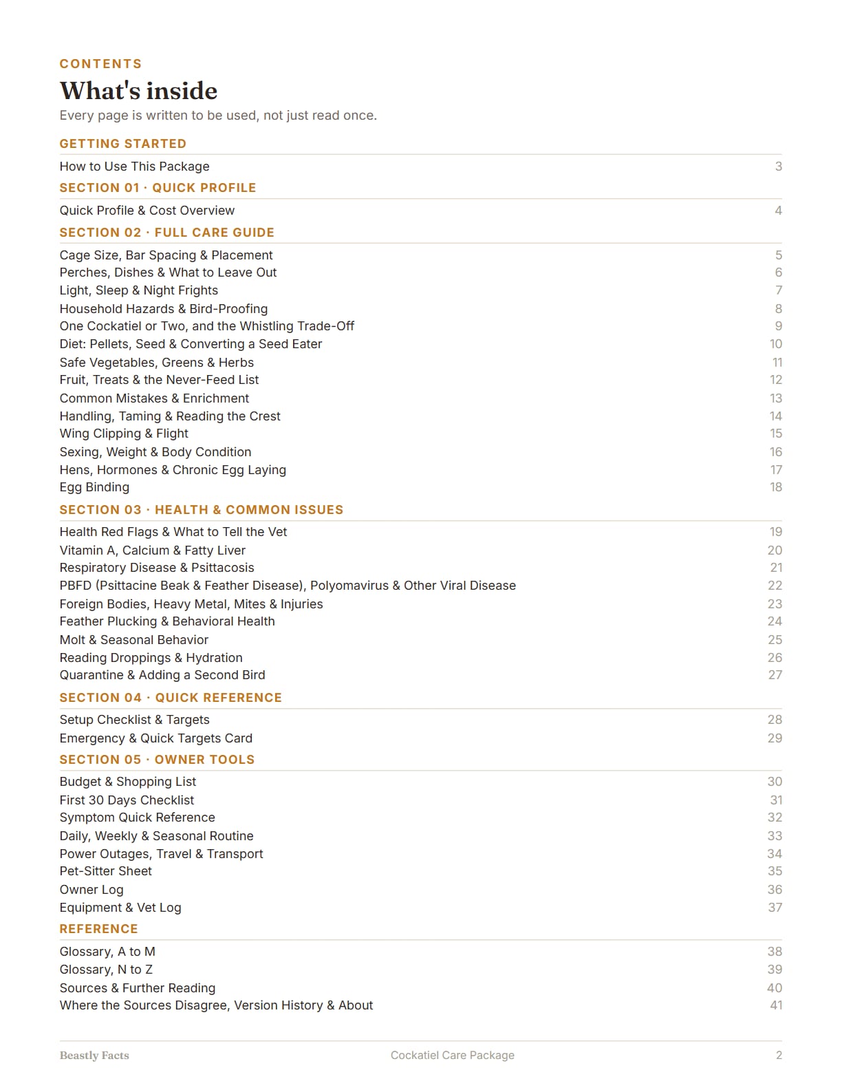 Cockatiel Care Package, page 2: What's inside: the contents page, every page of the package listed