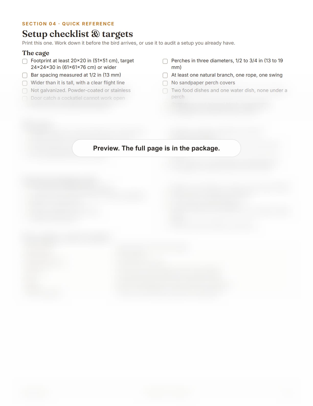 Cockatiel Care Package, page 28: Setup checklist and targets