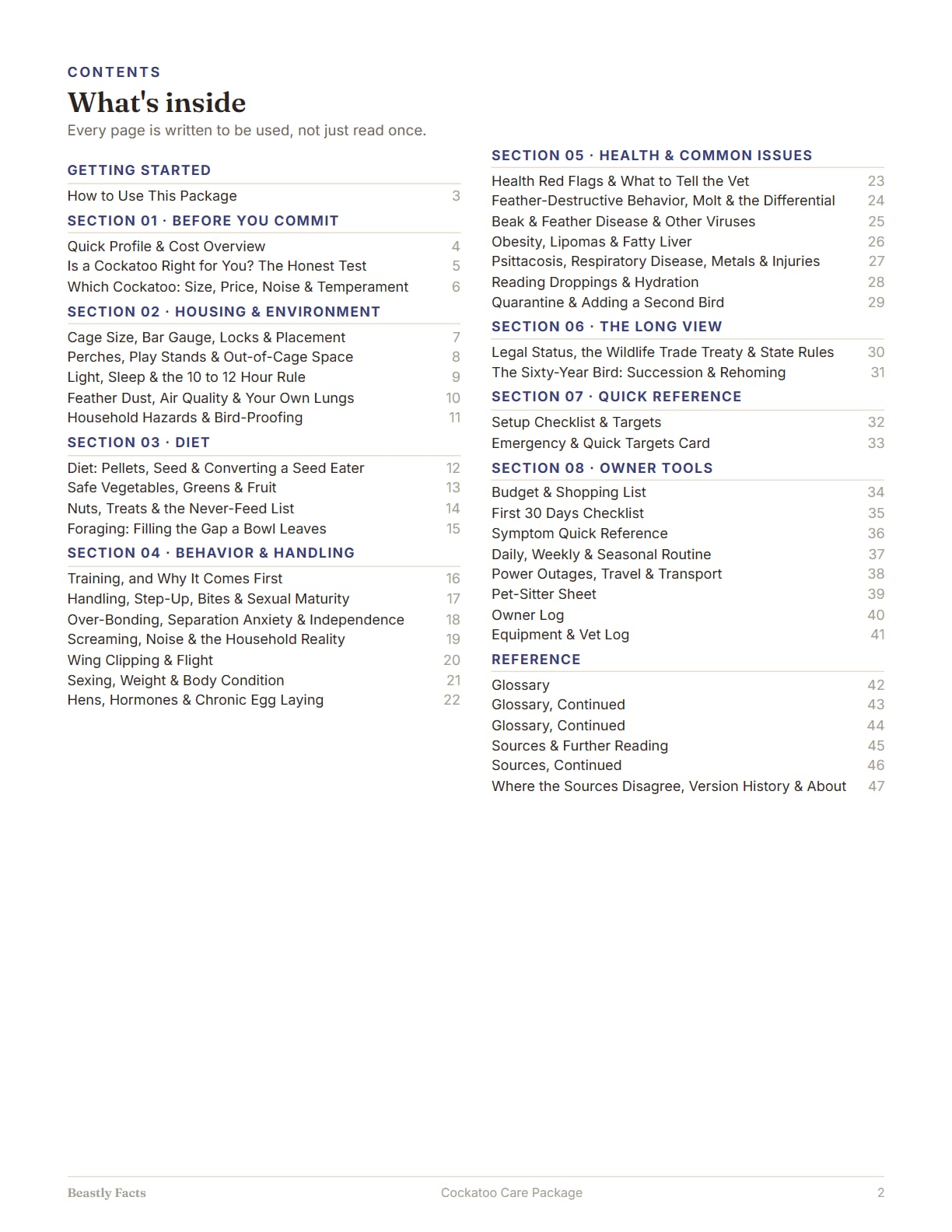 Cockatoo Care Package, page 2: What's inside: the contents page, every page of the package listed