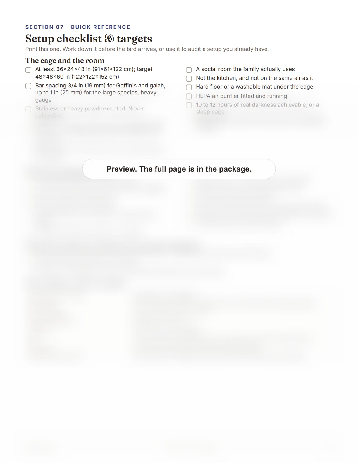 Cockatoo Care Package, page 32: Setup checklist and targets