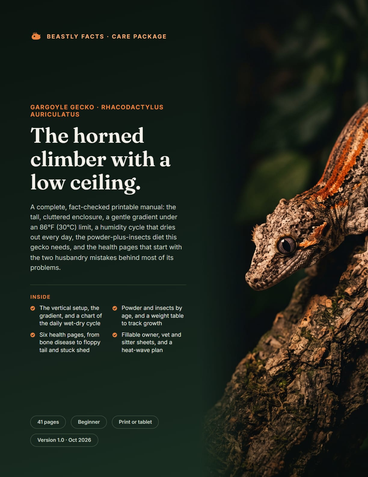 Gargoyle Gecko Care Package, the cover page of the printable PDF