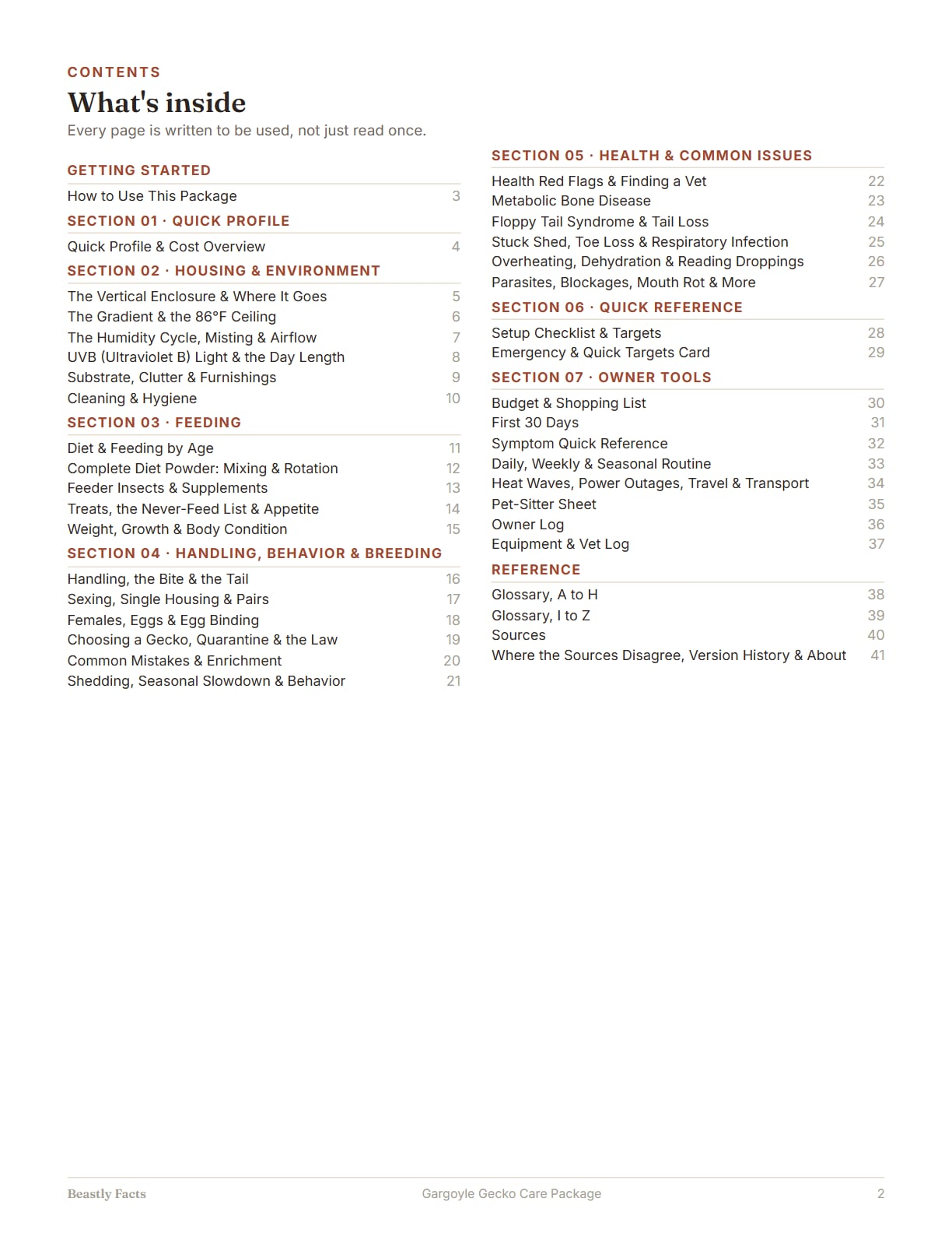 Gargoyle Gecko Care Package, page 2: What's inside: the contents page, every page of the package listed