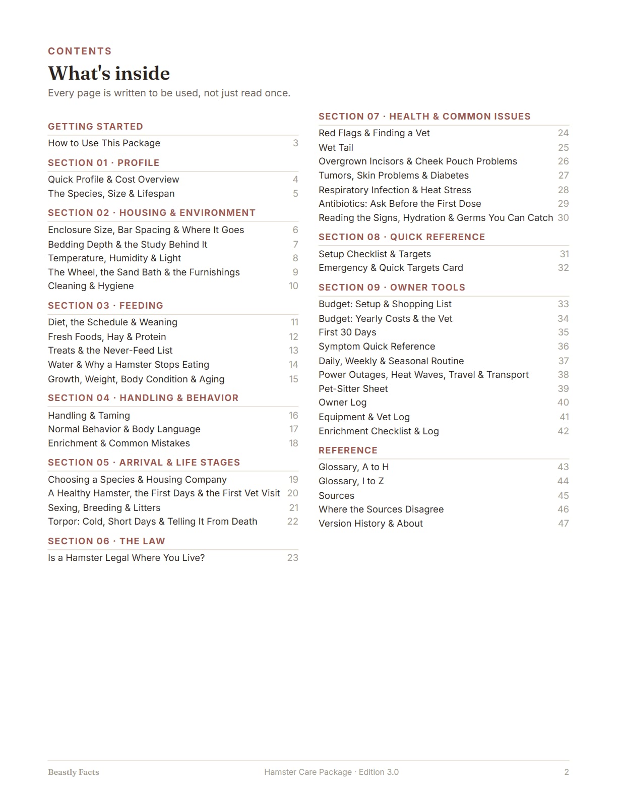 Hamster Care Package, page 2: What's inside: the contents page, every page of the package listed