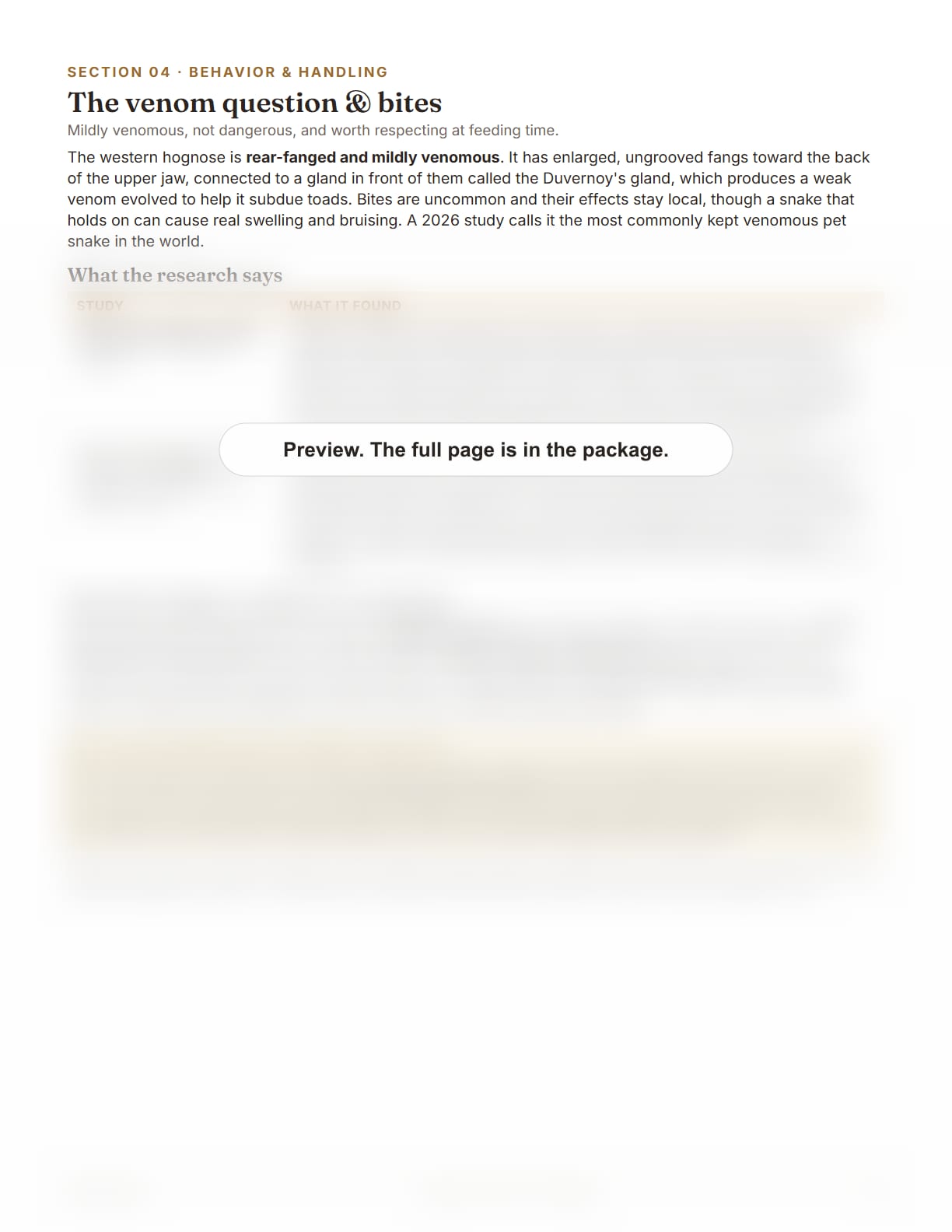 Hognose Snake Care Package, page 15: The venom question and bites: rear-fanged and mildly venomous, two bite studies, and what to do if a snake holds on