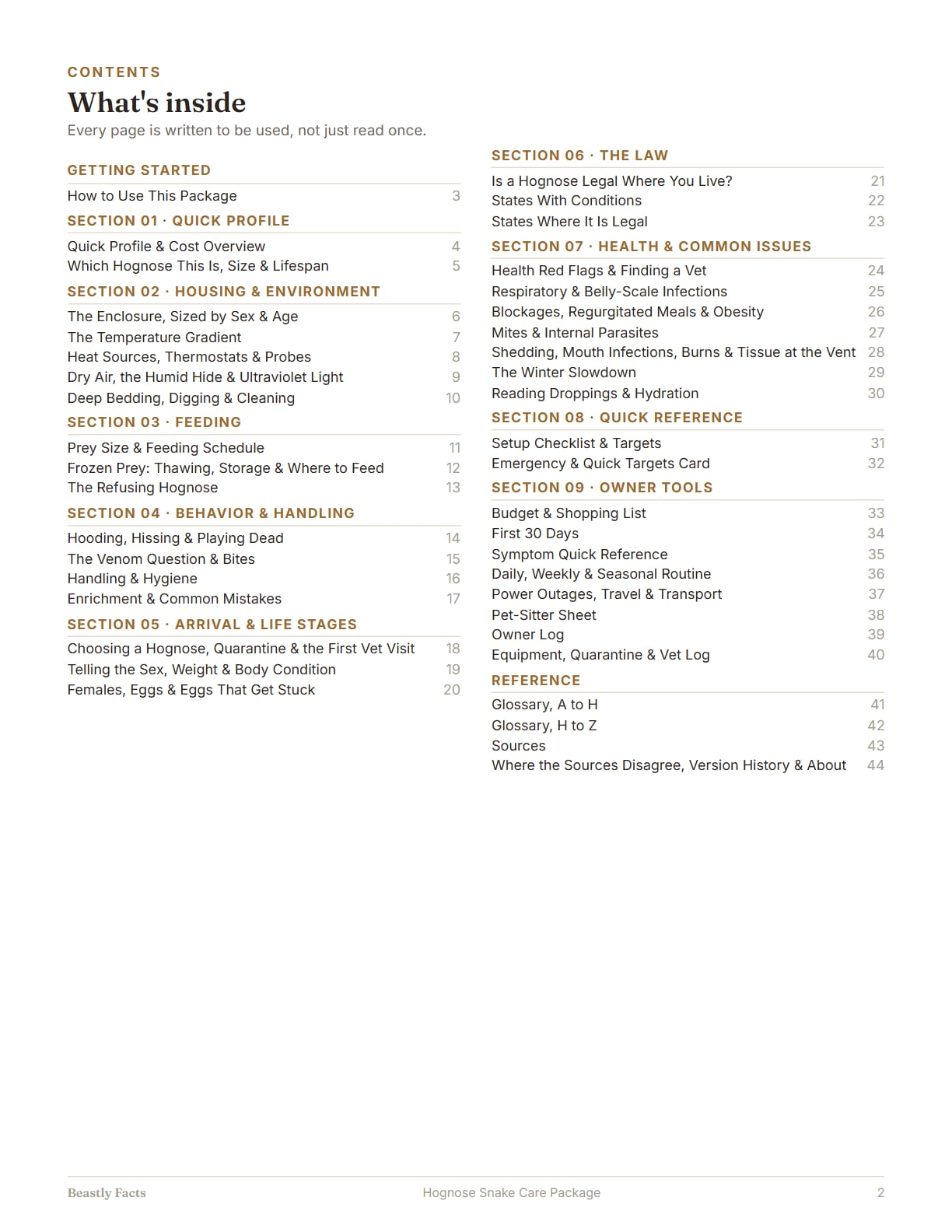 Hognose Snake Care Package, page 2: What's inside: the contents page, every page of the package listed
