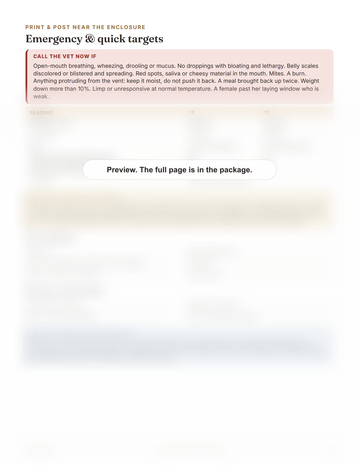 Hognose Snake Care Package, page 32: Emergency and quick targets card, to print and post near the enclosure
