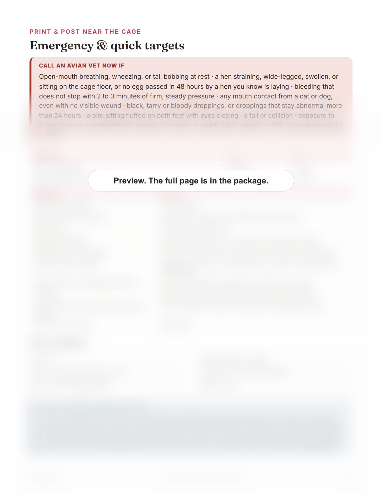 Lovebird Care Package, page 34: Emergency and quick targets card