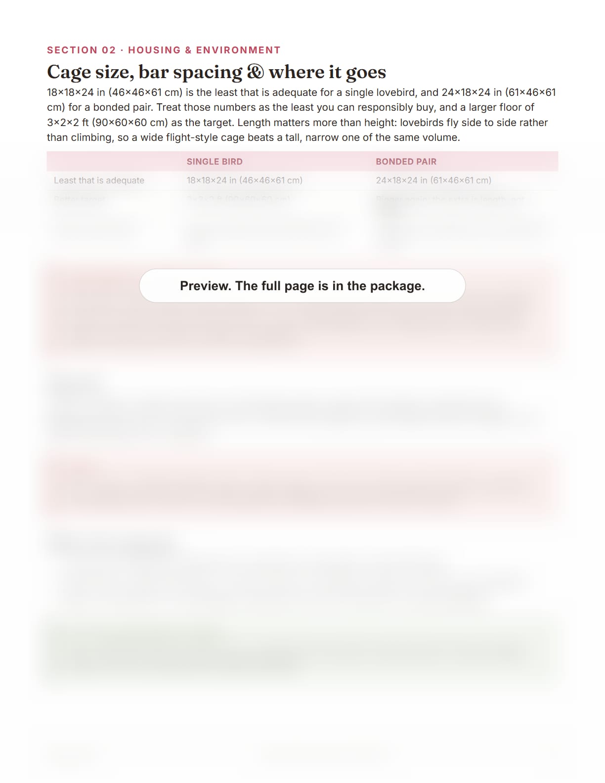 Lovebird Care Package, page 6: Cage size, bar spacing and where it goes