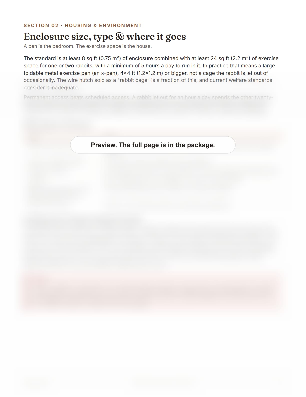 Rabbit Care Package, page 6: Enclosure size, type and where it goes