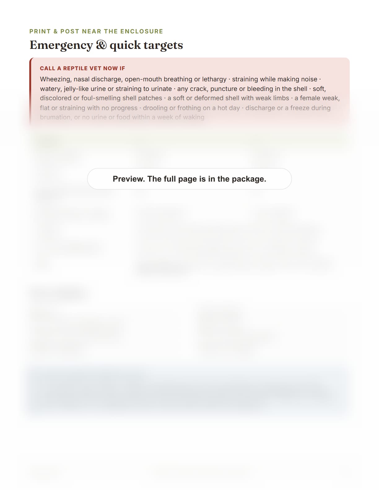 Russian Tortoise Care Package, page 35: Emergency and quick targets card