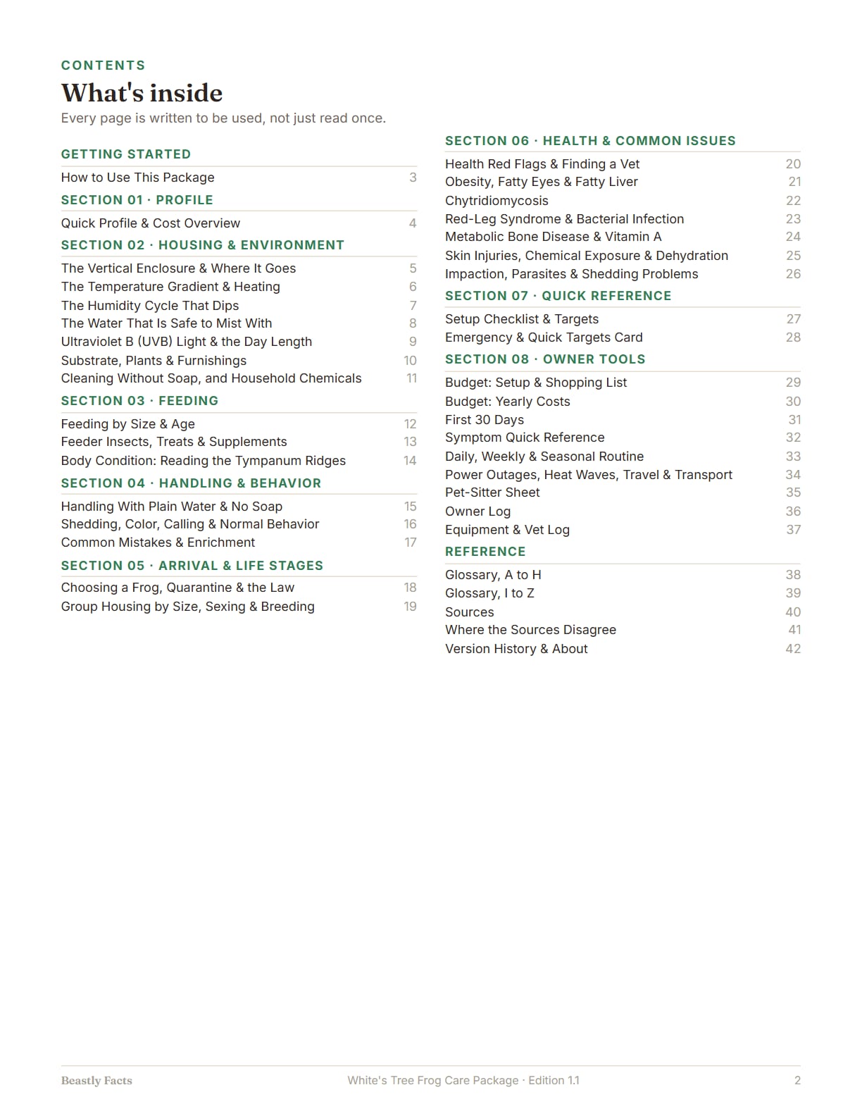 White's Tree Frog Care Package, page 2: What's inside: the contents page, every page of the package listed