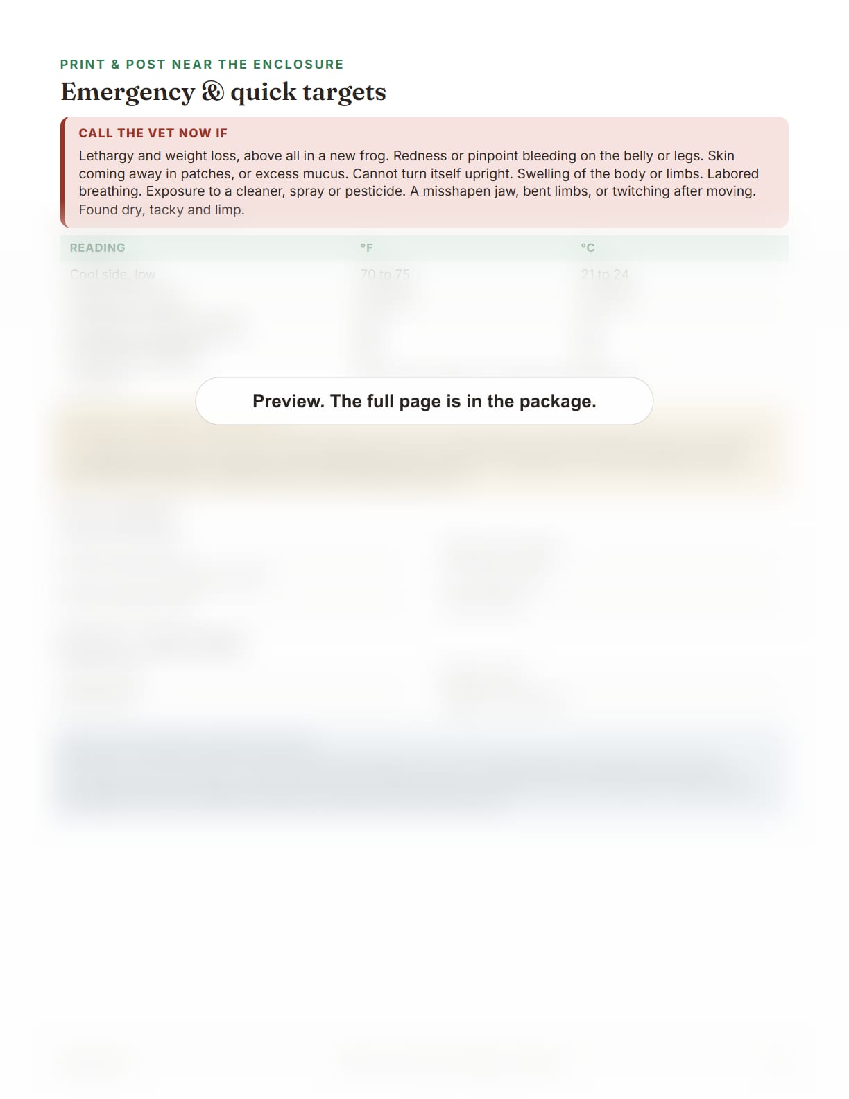 White's Tree Frog Care Package, page 28: Emergency and quick targets card, to print and post near the enclosure