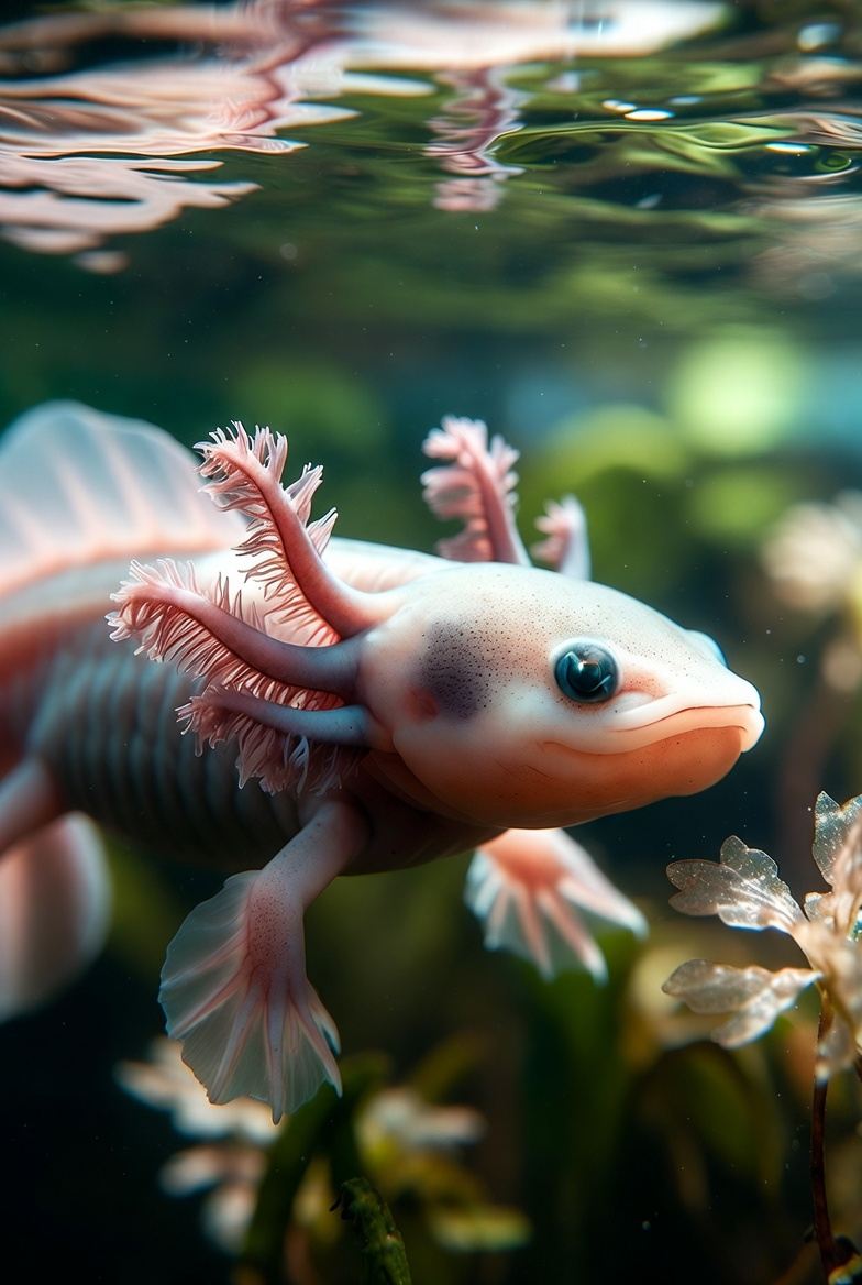 An axolotl resting on a dark substrate, gills and permanent smile visible