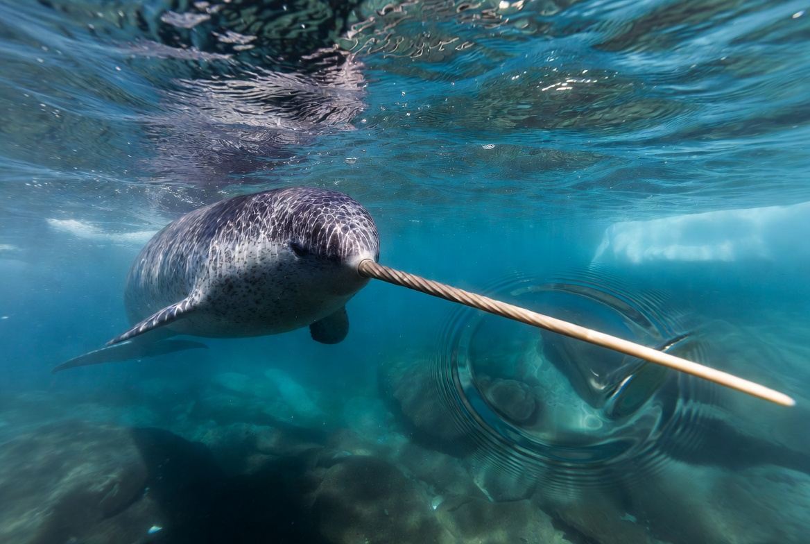 A narwhal breaking the surface in cold Arctic water, mottled grey skin visible
