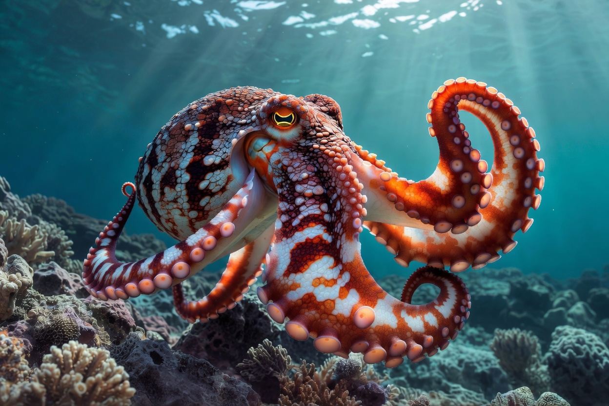 An octopus showing its suckered arms and horizontal pupil