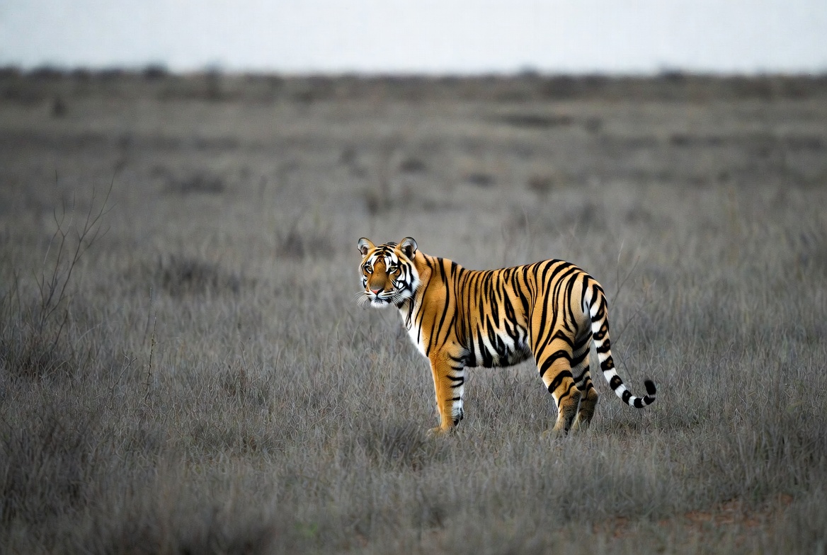 A tiger facing the camera showing its striped face and white ruff