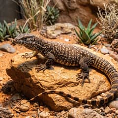 Ackie monitor perched on a sun-warmed rock, its dark body and pale yellow speckling and long banded tail clearly visible