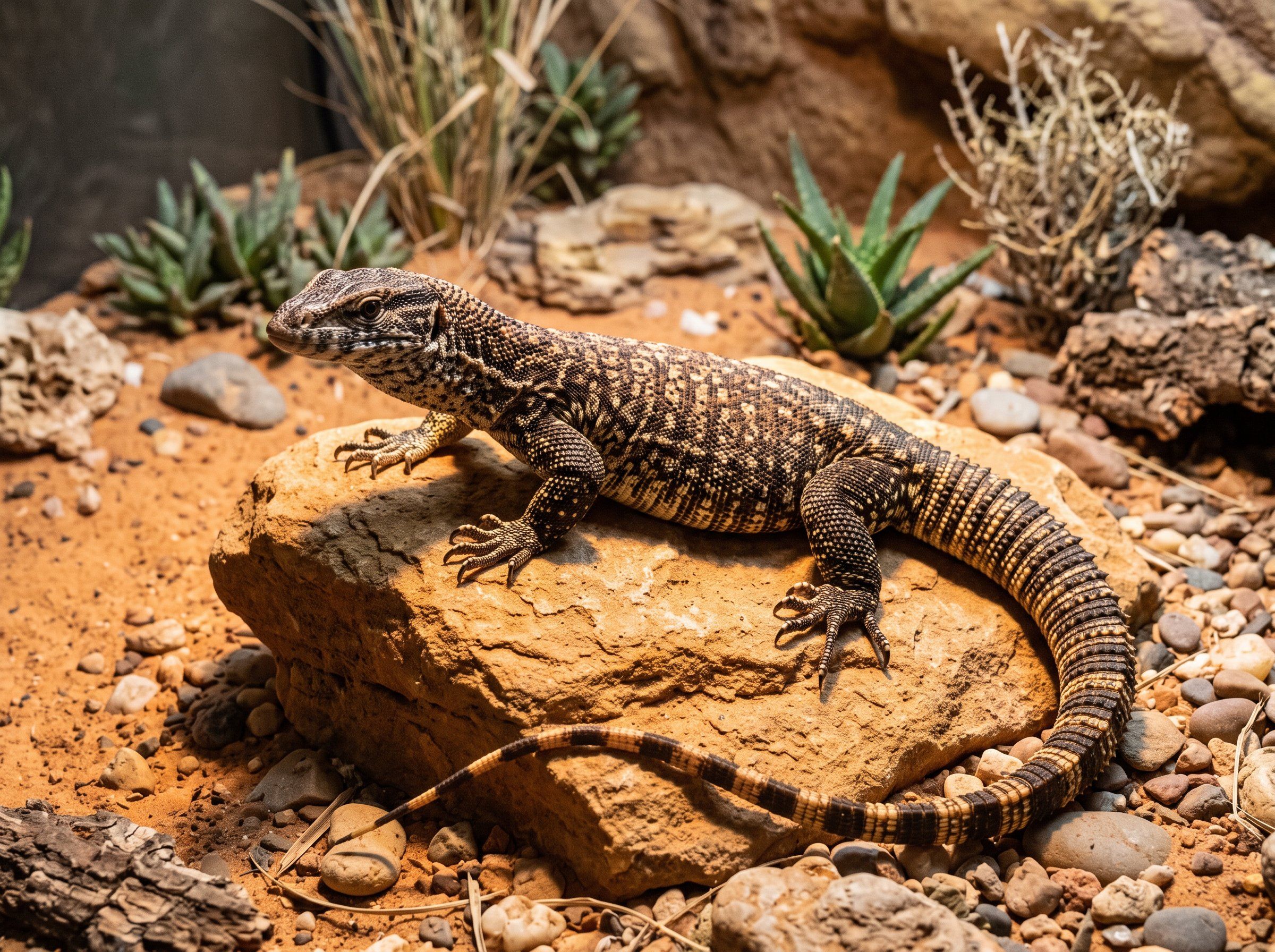 Ackie monitor perched on a sun-warmed rock, its dark body and pale yellow speckling and long banded tail clearly visible
