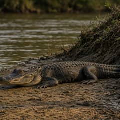 American alligator resting on a muddy riverbank with its jaws closed and its back ridged in the sun